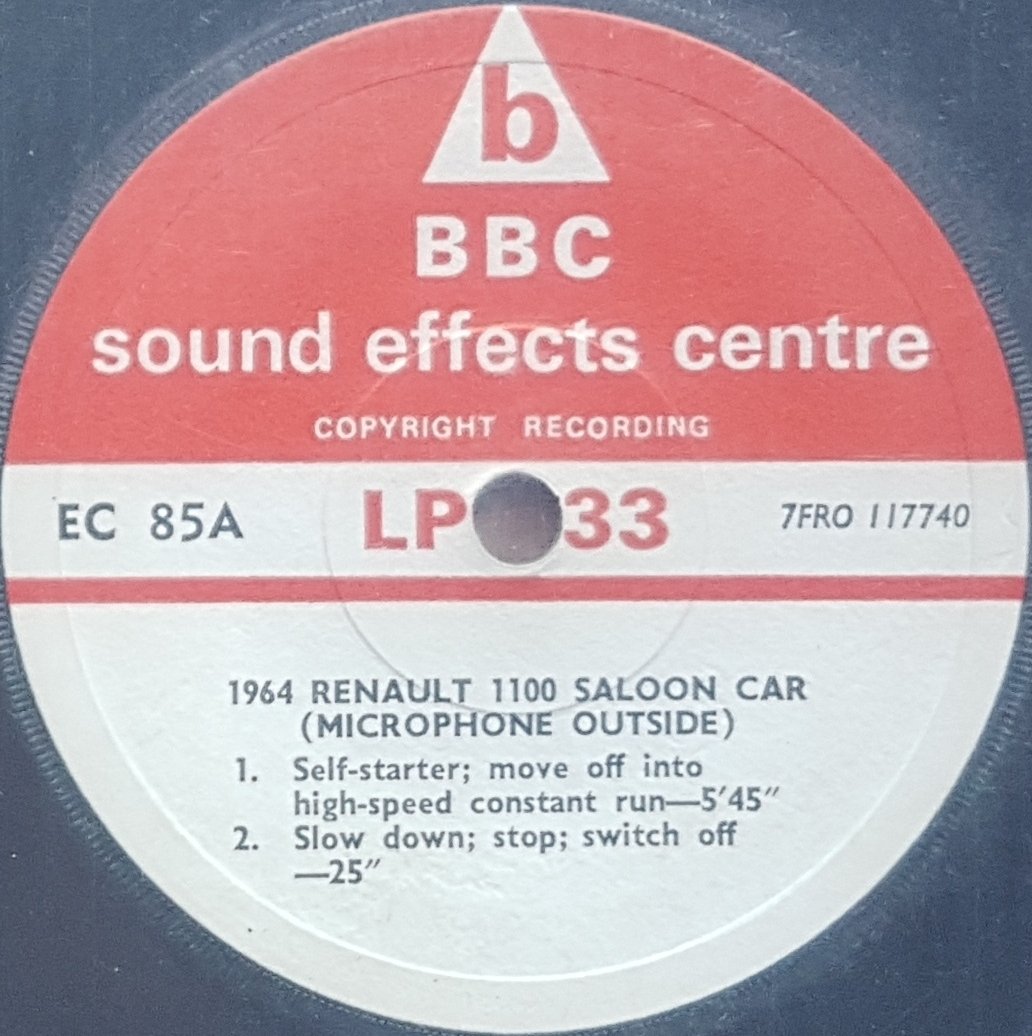 EC 85A 1964 Renault 1100 saloon car (Interior) / Microphone outside Not registered from the BBC records and Tapes library Label